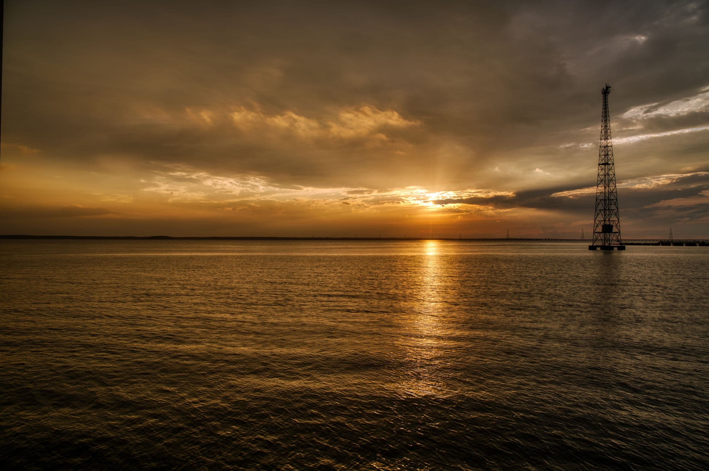 The James River waterfront in Newport News at golden hour