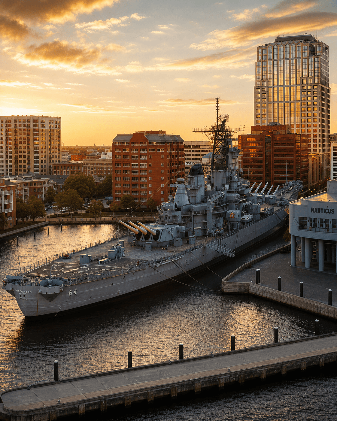 USS Wisconsin battleship docked at Nauticus on the Norfolk waterfront at golden hour, downtown skyline behind
