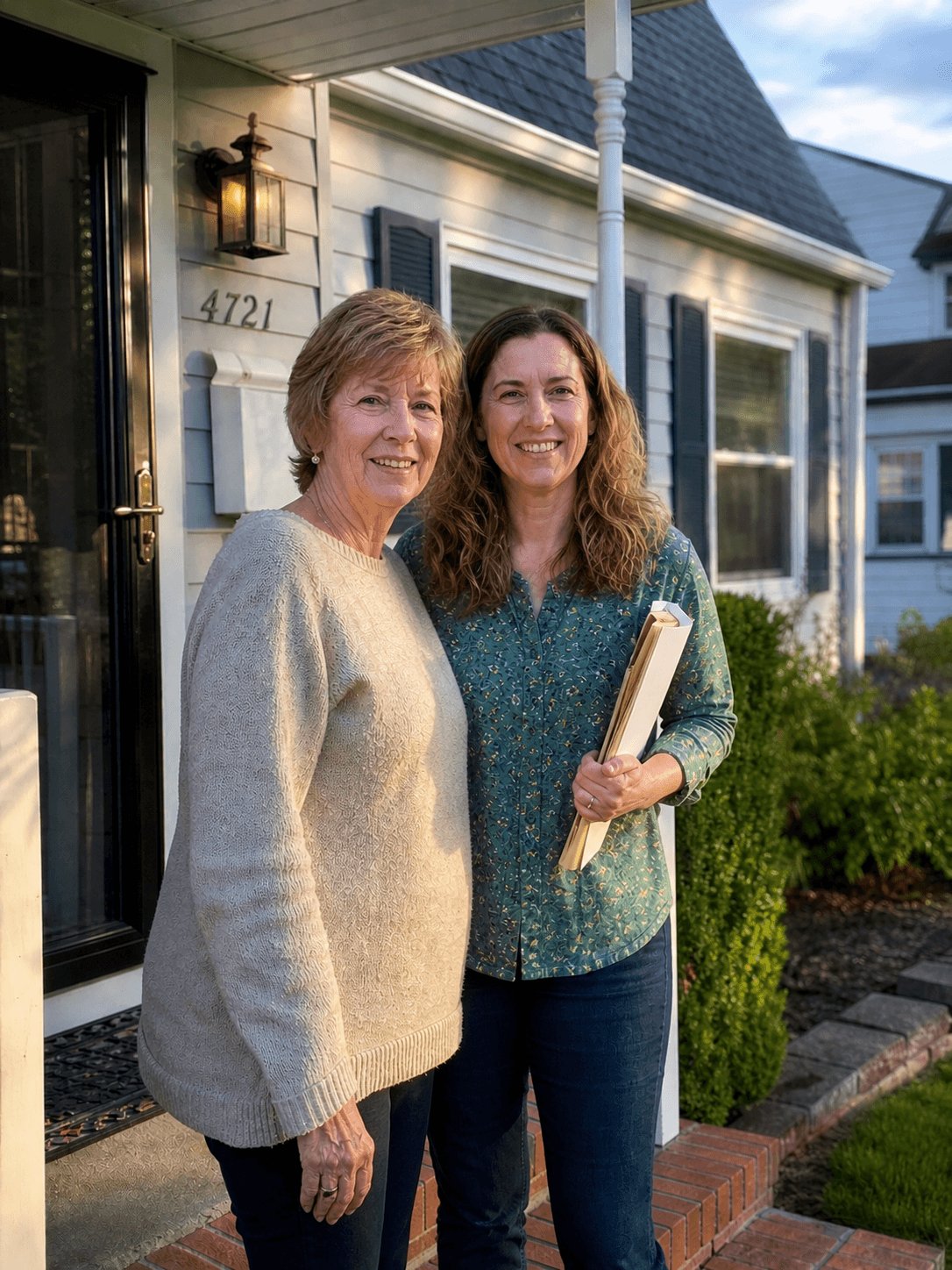 A Hampton Roads seller and her daughter on the front porch of their home, paperwork in hand, after closing with NetWorth